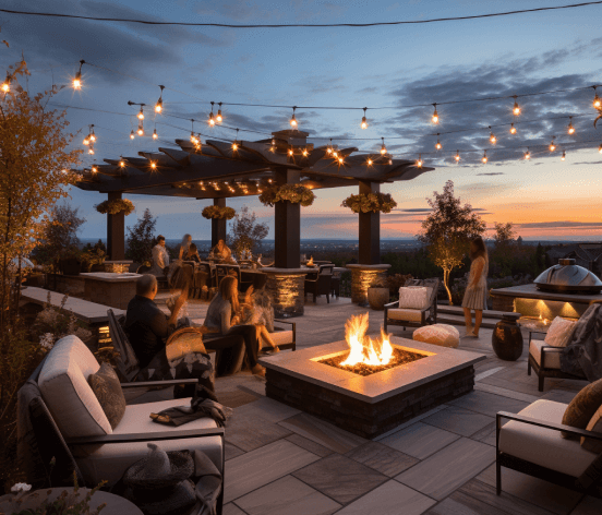 Custom outdoor living space overlooking the Huntsville and Madison, AL skyline.