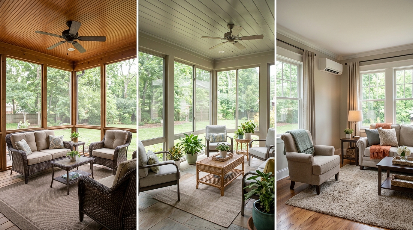 Side-by-side comparison of a screened porch, 3-season room, and 4-season room