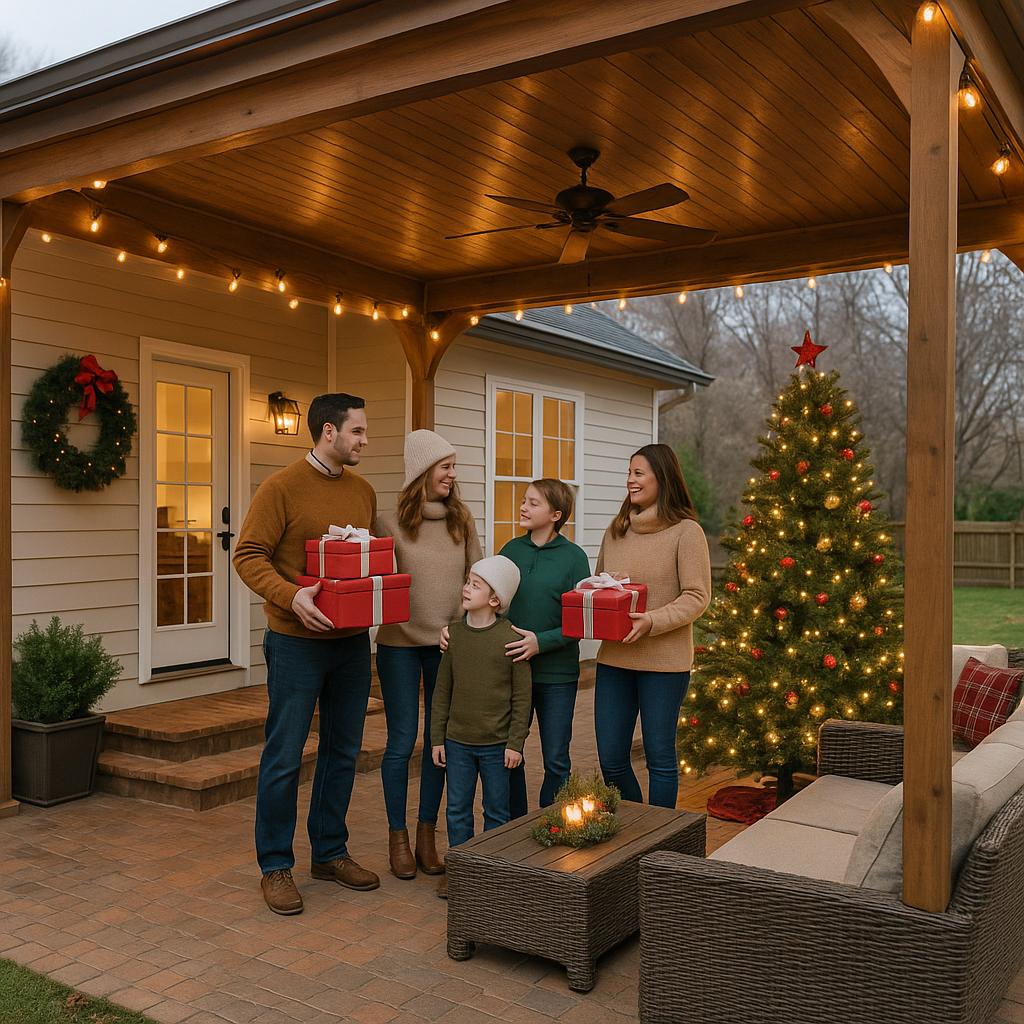 Image of a holiday themed family photo outside under their new covered patio installed by The Covered Patio