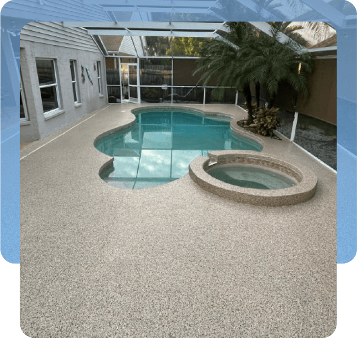 Custom concrete floors outside of a pool.