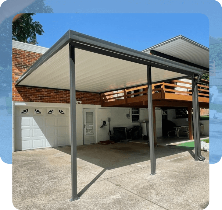 Fixed Covered Patio over a garage used to create a carport installed by The Covered Patio.